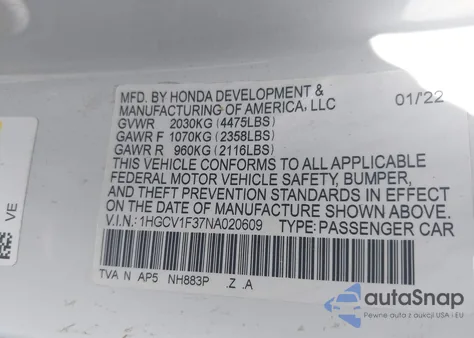 2022 Honda Accord Sport z USA, uszkodzony, nr VIN 1HGCV1F37NA020609